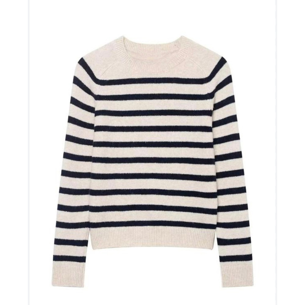 Zara Womens Striped‎ Knit Sweater Navy Blue Cream Crew Neck Raglan XL
